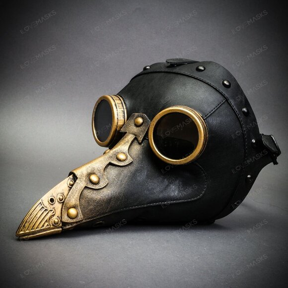 Black Steampunk Plague Doctor w/ GOLD Goggle Short Bird Beak Halloween Mask - Picture 2 of 6